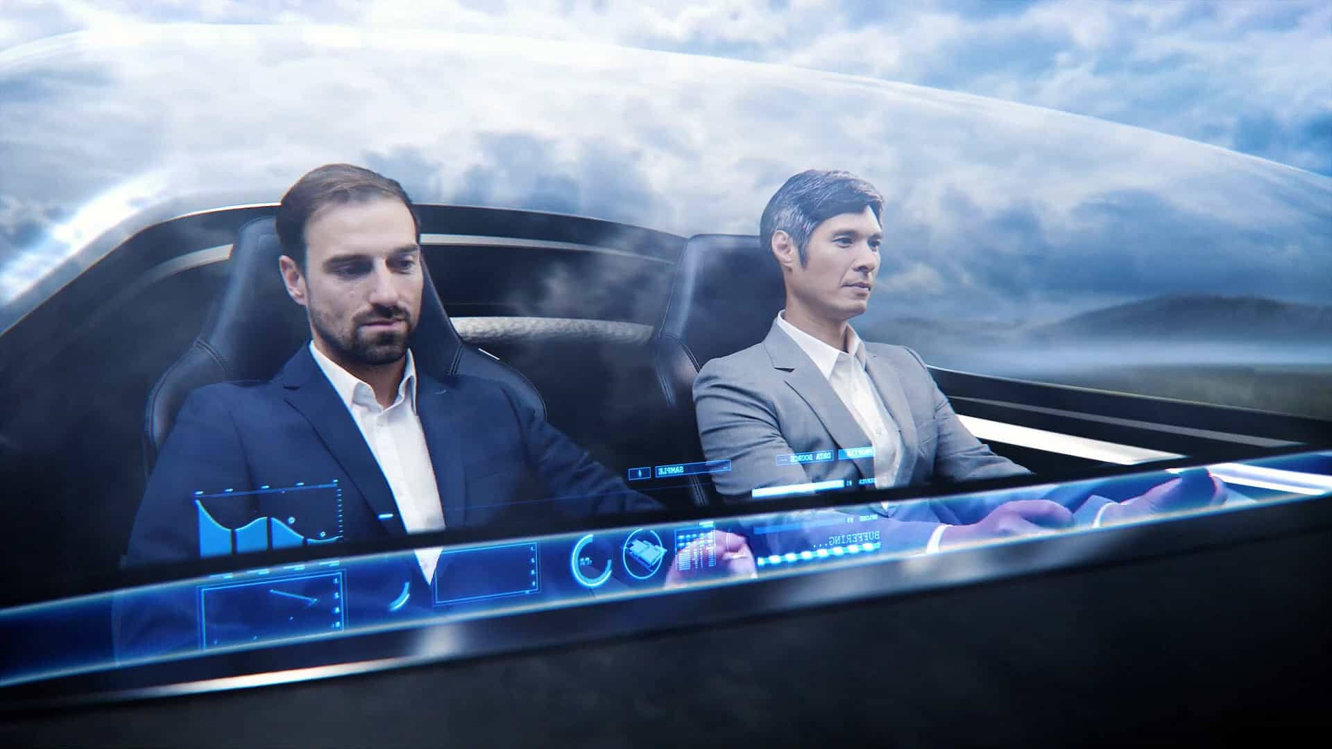 Zwei Mitarbeiter der Dürr Consulting sitzen in einem futuristischen grauen Auto und benutzen einen virtuellen Bildschirm.