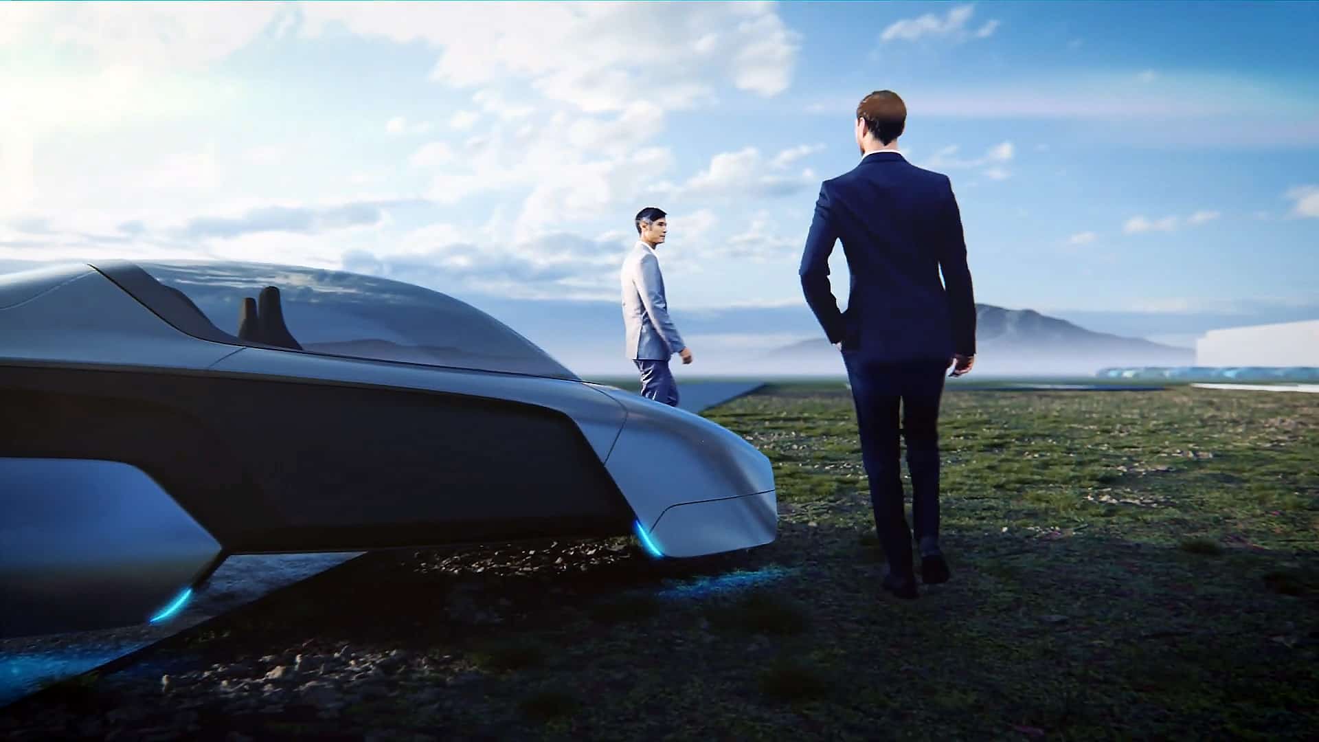 Der Dürr Consulting Mitarbeiter und der Kunde steigen aus dem grauen futuristischen Auto aus und laufen eine dramatische Landschaft entlang.